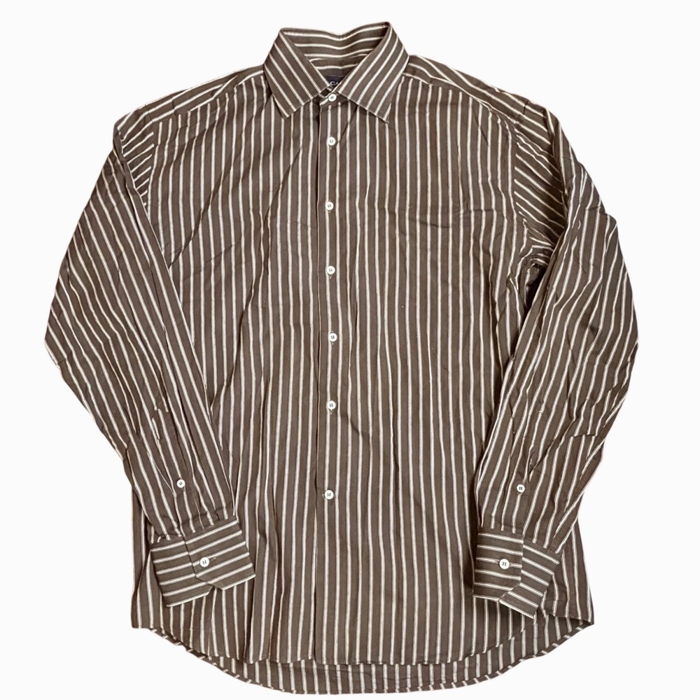 Canali Mens L Brown Striped Long Sleeve Button Up Dress Shirt Made in Italy‎